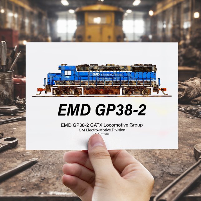 EMD GP38-2 Diesel Locomotive GATX blå och vit Vykort (EMD GP38-2 Diesel Locomotive GATX blue and white. Postcard )