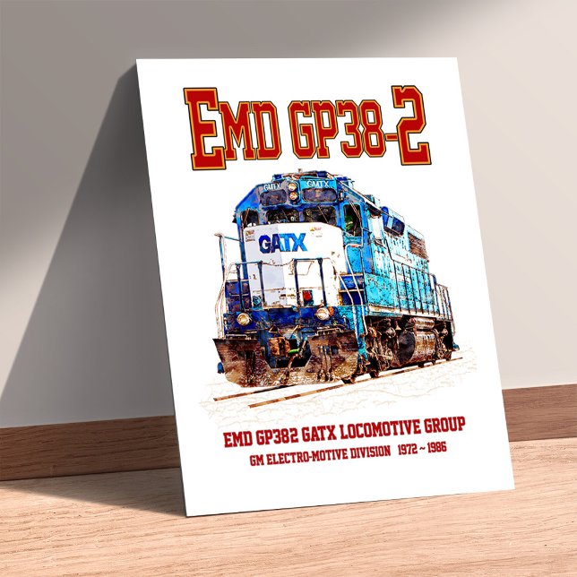 EMD GP38-2 Diesellok GATX blå och vit Poster (EMD GP38-2 Diesel Locomotive GATX blue and white. Framed Art)