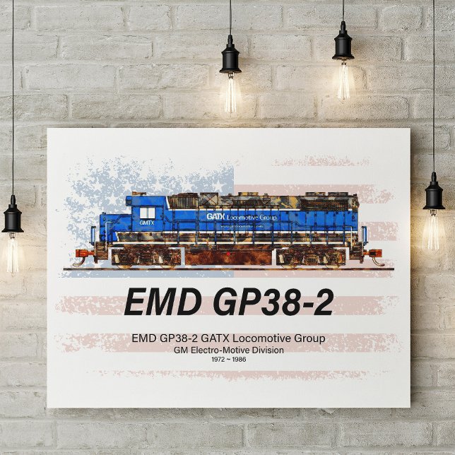 EMD GP38-2 diesellok och amerikansk flagga Poster (EMD GP38-2 Diesel Locomotive and American flag. Framed Art)