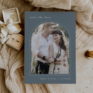 EMELIA Arch Photo Simple Boho Mörk blått Bröllop Spara Datumet