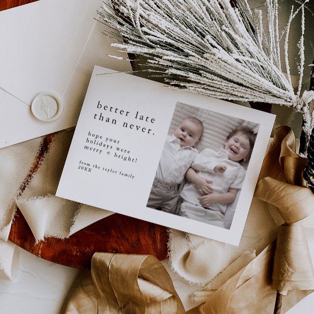 EMELIA Black New Years Photo Late Finny jul Julkort (EMELIA Black New Years Photo Late Funny Christmas Holiday Card)