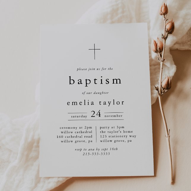 EMELIA enkel Modern Chic Boho Minimalist Baptism Inbjudningar (EMELIA Simple Modern Chic Boho Minimalist Baptism Invitation)