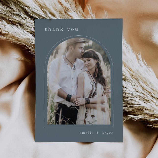 EMELIA Flat Boho Navy Simple Arch Photo Bröllop Tack Kort (EMELIA Flat Boho Navy Simple Arch Photo Wedding Thank You Card)