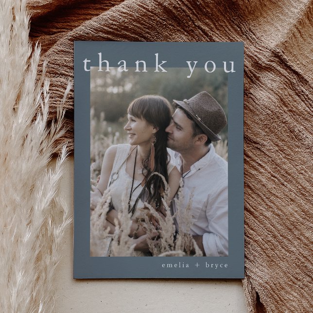 EMELIA Flat Minimalist Blue Winter Photo Bröllop Tack Kort (EMELIA Flat Minimalist Blue Winter Photo Wedding Thank You Card)