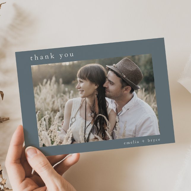 EMELIA Flat Minimum Blue Boho Rustic Photo Bröllop Tack Kort (EMELIA Flat Minimal Blue Boho Rustic Photo Wedding Thank You Card)