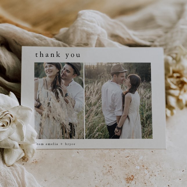 EMELIA Flat Neutralt White Black 2 Photo Bröllop Tack Kort (EMELIA Flat Neutral White Black 2 Photo Wedding Thank You Card)