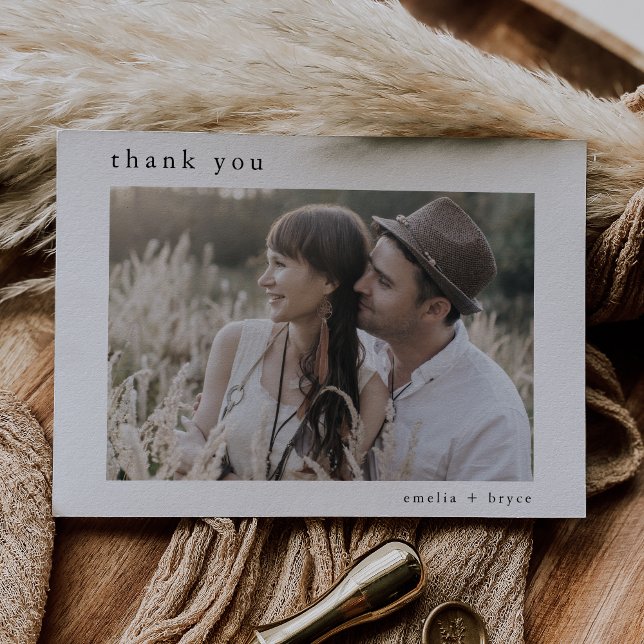 EMELIA Flat White Black Boho Rustik Foto Bröllop Tack Kort (EMELIA Flat White Black Boho Rustic Photo Wedding Thank You Card)