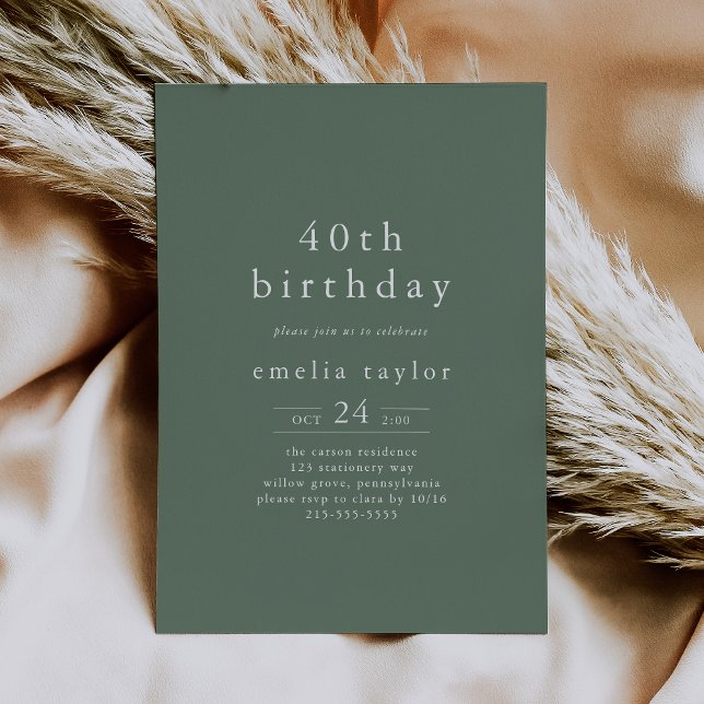 EMELIA Forest Woodland Sage Grönt 40 födelsedagar Inbjudningar (EMELIA Forest Woodland Sage Green 40th Birthday Invitation)