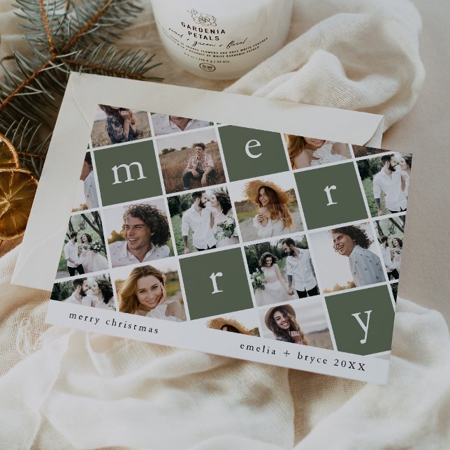 EMELIA Grönt Modern Family Multi Photo-jul Julkort (EMELIA Green Modern Family Multi Photo Christmas Holiday Card)