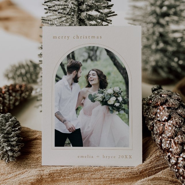 EMELIA Guld Unik Arch-familjefolljul för EMELIA-fa Julkort (EMELIA Gold Unique Arch Family Photo Christmas Holiday Card)