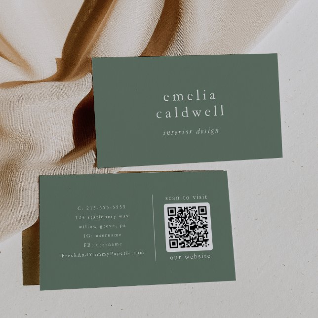 EMELIA Modern Sage Grönt Olive Boho Rustic QR-kod Visitkort (EMELIA Modern Sage Green Olive Boho Rustic QR Code Business Card)