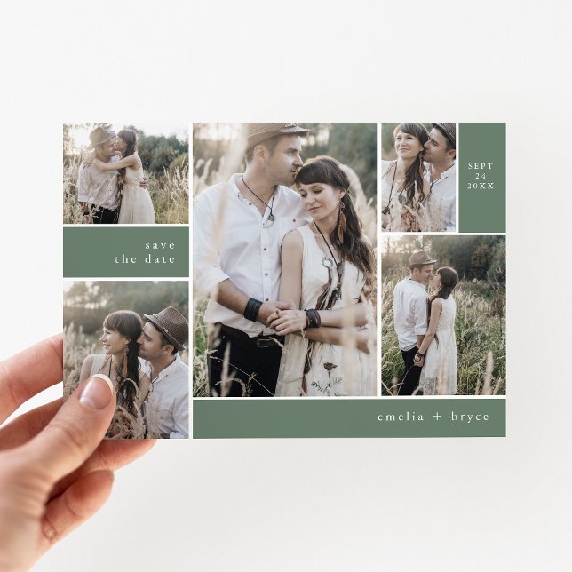 EMELIA Multi Photo Simple Boho Sage Rustic Bröllop Spara Datumet (EMELIA Multi Photo Simple Boho Sage Rustic Wedding Save The Date)