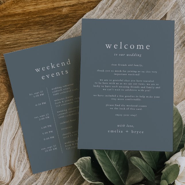 EMELIA Navy Bröllop Helg Itinerary Template Inbjudningar (EMELIA Navy Wedding Weekend Itinerary Template)