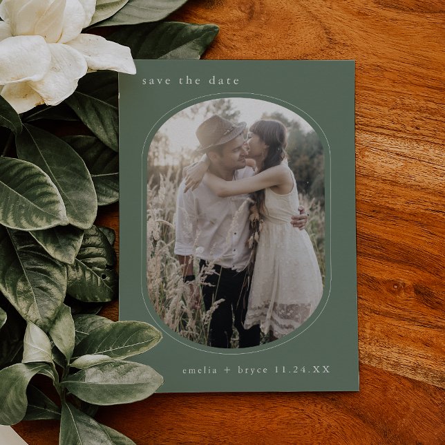 EMELIA Oval Photo Forest Nature Sage Grönt Bröllop Spara Datumet (EMELIA Oval Photo Forest Nature Sage Green Wedding Save The Date)