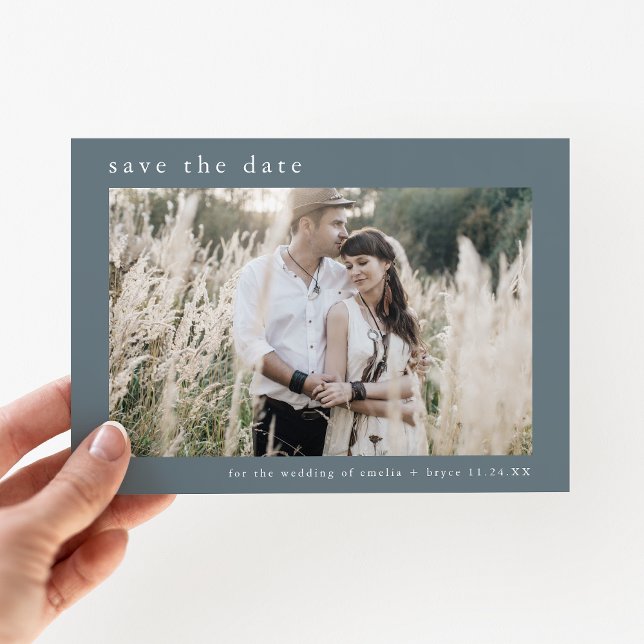 EMELIA Photo Dusty Blue Winter Minimal Bröllop Spara Datumet (EMELIA Photo Dusty Blue Winter Minimal Wedding Save The Date)
