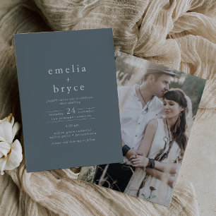 EMELIA Photo Mörk blått Navy Simple Vintage bröllo Inbjudningar