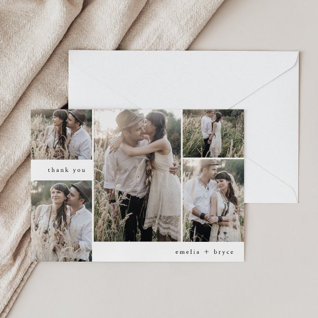 EMELIA Platt Enkel Modern Boho Multibild Bröllop Tack Kort (EMELIA Flat Simple Modern Boho Multi Photo Wedding Thank You Card)