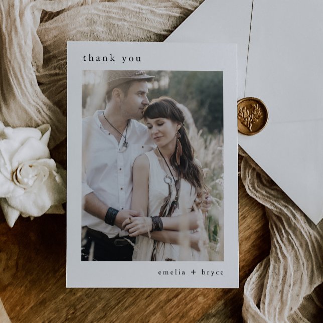 EMELIA Platt Unik Rustik Neutral Foto Bröllop Tack Kort (EMELIA Flat Unique Rustic Neutral Photo Wedding Thank You Card)