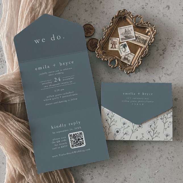EMELIA QR Blommigt för marinflottan Minimal enkel  (EMELIA QR Code Navy Floral Minimal Simple Wedding All In One Invitation)
