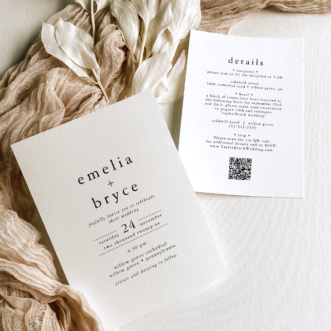 EMELIA QR Code Rustic Simple Modern Boho Bröllop Inbjudningar (EMELIA QR Code Rustic Simple Modern Boho Wedding Invitation)