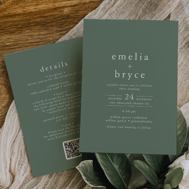 EMELIA QR-Grönten Rustic Simple Modern Bröllop Inbjudningar (EMELIA QR Code Green Rustic Simple Modern Wedding Invitation)