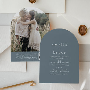 EMELIA QR-kod Foto Arch Blue Vintage bröllop Inbjudningar