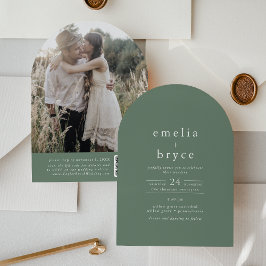 EMELIA QR-kod Foto Arch Woodland Grönt Bröllop Inbjudningar