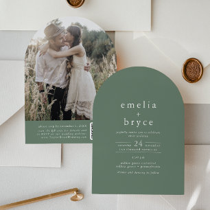 EMELIA QR-kod Foto Arch Woodland Grönt Bröllop Inbjudningar