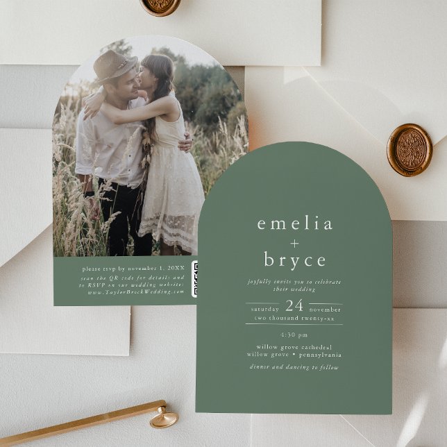 EMELIA QR-kod Foto Arch Woodland Grönt Bröllop Inbjudningar (EMELIA QR Code Photo Arch Woodland Green Wedding Invitation)