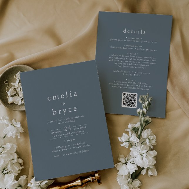 EMELIA QR-kod Simple Boho Navy Mörk blått Bröllop Inbjudningar (EMELIA QR Code Simple Boho Navy Dark Blue Wedding Invitation)