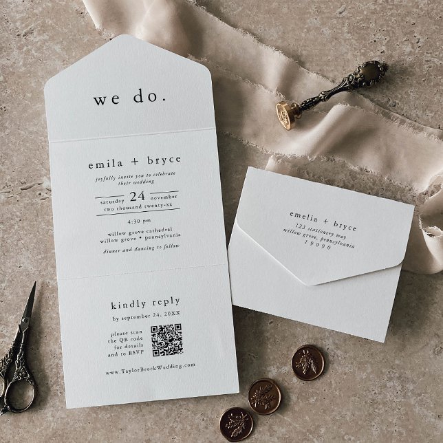 EMELIA QR kod White Black Rustic Simple Bröllop (EMELIA QR Code White Black Rustic Simple Wedding All In One Invitation)