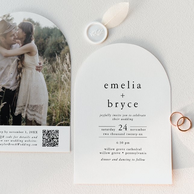 EMELIA QR-kodsfotomatarvens unika Bröllop Inbjudningar (EMELIA QR Code Photo Arch Winter Unique Wedding Invitation)