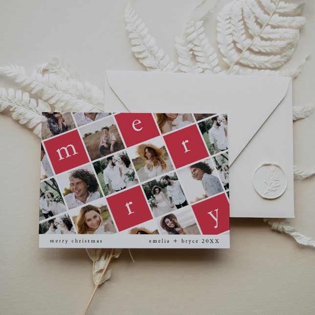 EMELIA Red Modern Family Multi Photo-jul Julkort (EMELIA Red Modern Family Multi Photo Christmas Holiday Card)