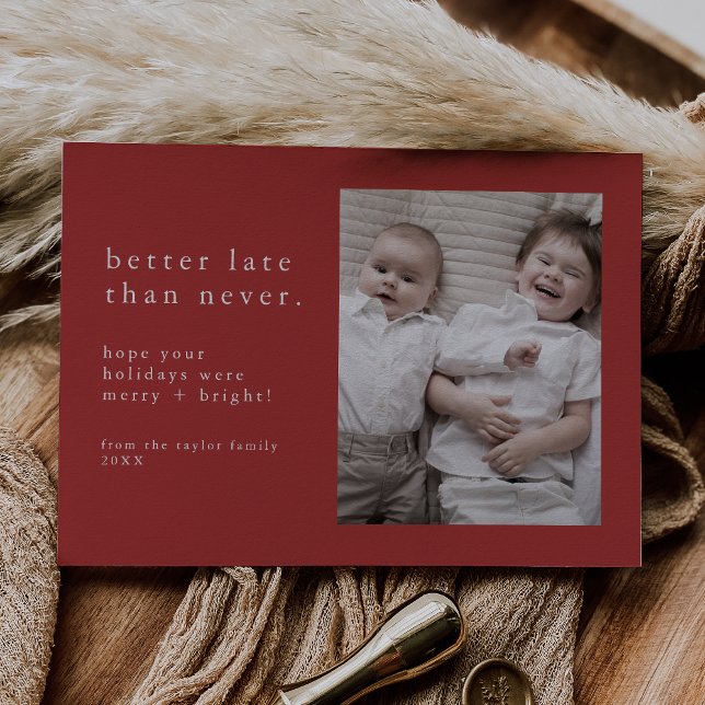 EMELIA Red New Years Photo Late Finny jul Julkort (EMELIA Red New Years Photo Late Funny Christmas Holiday Card)