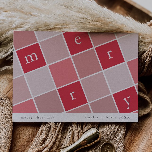 EMELIA Red Rosa Printable Family God jul Julkort (EMELIA Red Pink Printable Family Merry Christmas Holiday Card)