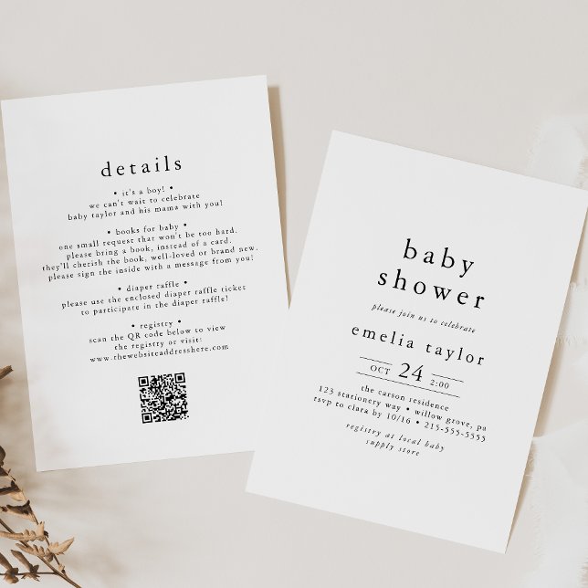 EMELIA Rustic Minimalist QR enkel babystölder Inbjudningar (EMELIA Rustic Minimalist QR Simple Baby Shower Invitation)