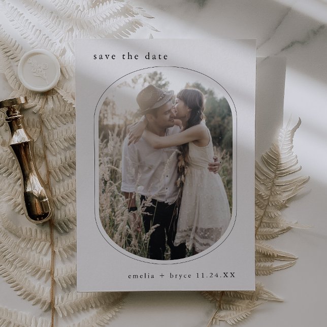 EMELIA Rustic Oval Photo Simple Modern Bröllop Spara Datumet (EMELIA Rustic Oval Photo Simple Modern Wedding Save The Date)