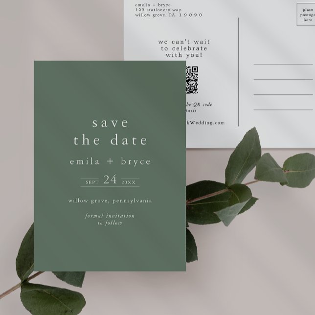 EMELIA Rustic Sage Grönt Bröllop spara datum Inbjudan Vykort (EMELIA Rustic Sage Green Wedding Save the Date Invitation Postcard)