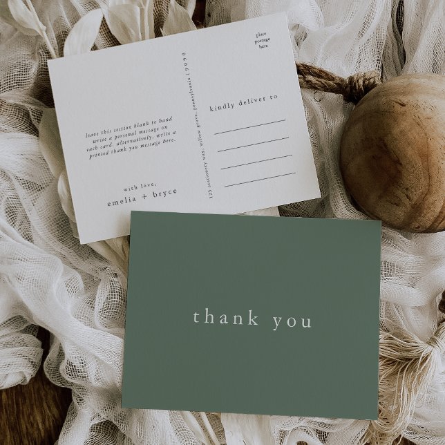 EMELIA Rustik Enkel Naturlig SAGE Bröllop Tacksamh Vykort (EMELIA Rustic Simple Sage Nature Wedding Thank You Postcard)