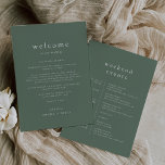 EMELIA Sage Bröllop Helg Itinerary Template Inbjudningar<br><div class="desc">Den här färdbladet bröllop helg från Emelia-samlingen är perfekt för ett trädestinationsbröllop. Grönten av mörkens sädesslag har en rustik och enkel typografi med ett skogsbergsmärke. På framsidan av välkomstpåssedeln finns ett bröllop välkommet brev och baksidan har tidslinjen bröllop. Dessa anteckningar är perfekt för destinationsbröllop och hotellgästväskor.</div>