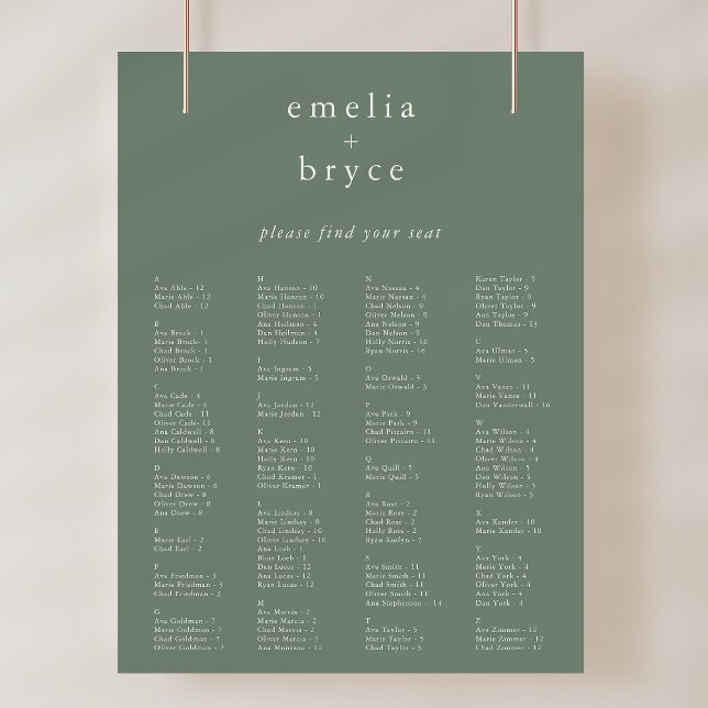 EMELIA Sage Modern sittplatsmall för Bröllop Poster (EMELIA Sage Modern Wedding Seating Chart Template)