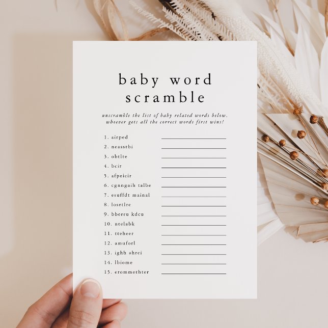 EMELIA Simple Baby Shower Ord-skämtkort Inbjudningar (EMELIA Simple Baby Shower Word Scramble Game Card)