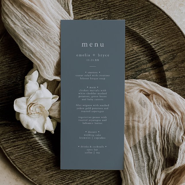 EMELIA Simple Boho Navy Rustic Mörk blått Bröllop Meny (EMELIA Simple Boho Navy Rustic Dark Blue Wedding Menu)