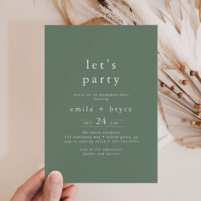 EMELIA Skog Trämark Boho Salvia Grön Låt oss festa Inbjudningar (EMELIA Forest Woodland Boho Sage Green Let's Party Invitation)