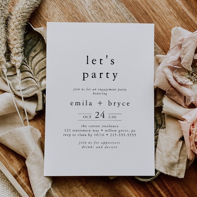 EMELIA Vit Svart Rustik Enkel Boho Låt oss festa Inbjudningar (EMELIA White Black Rustic Simple Boho Let's Party Invitation)