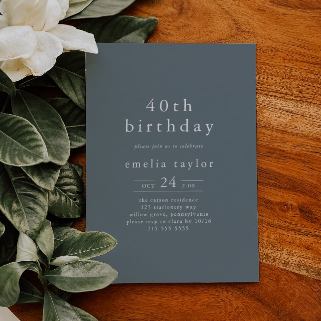 EMELIA Winter Minimalist Dusty Blue 40:e födelseda Inbjudningar (EMELIA Winter Minimalist Dusty Blue 40th Birthday Invitation)