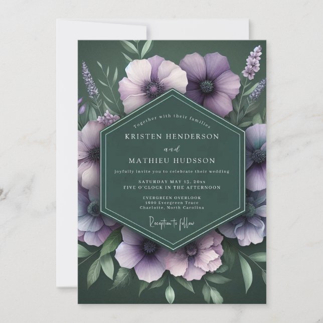 Emerald Amethyst Blommande Bröllop Inbjudningar (Framsida)