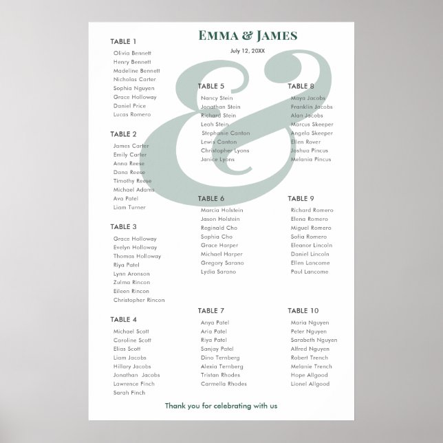 Emerald Ampersand Bröllop | 10 Bordsplacering Poster (Framsidan)