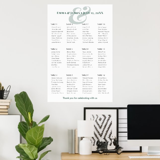Emerald Ampersand Bröllop | 12 Bordsplacering Poster (Hemmakontoret)