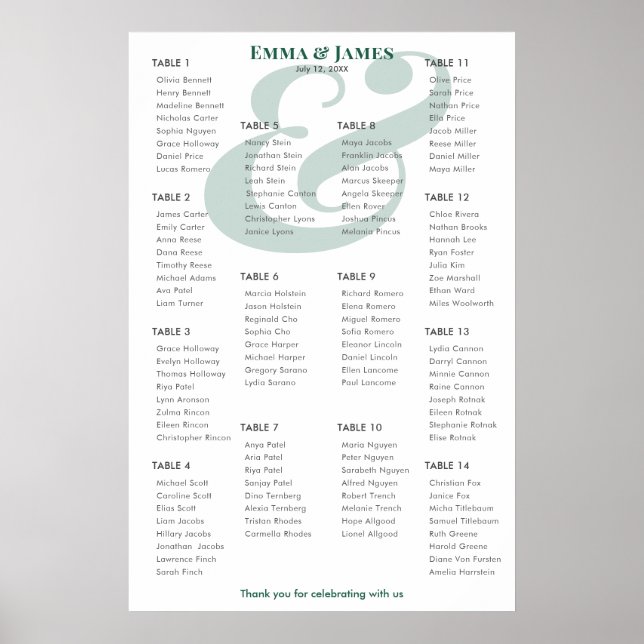Emerald Ampersand Bröllop | 14 Bordsplacering Poster (Framsidan)
